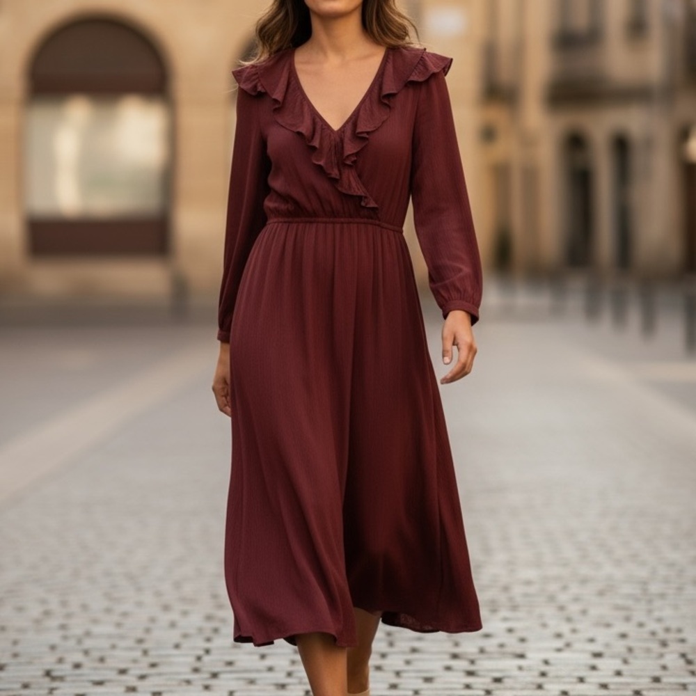 ba&sh Burgundy Ruffle Long Sleeve Dress - Date Night - Size S